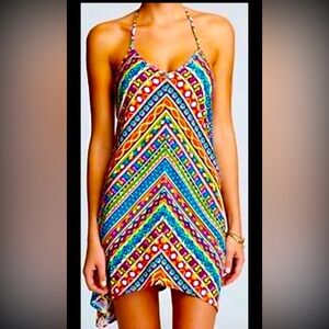 Trina Turk Peruvian Stripe Geometric Halter Cover Up Dress W Pockets Size XS